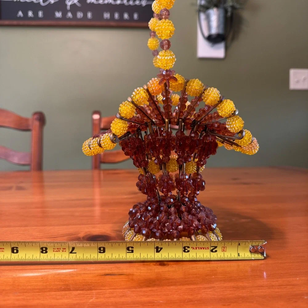 Vintage Safety Pin Beaded Basket Folk Art Amber Yellow Brown